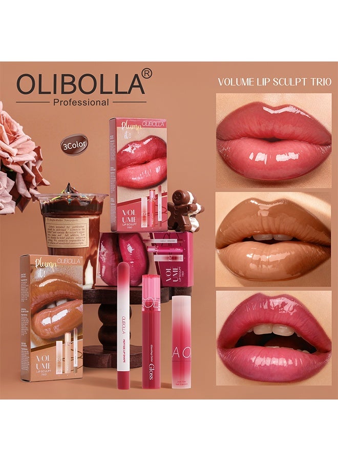 OLIBOLLA Volume Lip Sculpt Trio, 3PCS Lip Combo Set — Matte Lip Liner Pencil, Hydrating Tint Lipstick & Shine Gloss, Non-Sticky Long-Lasting Plumping Lip Makeup Kit for Women 01# - Image 3